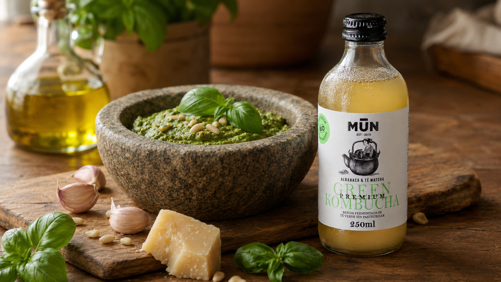 Salsa pesto receta auténtica con Mūn Green Kombucha