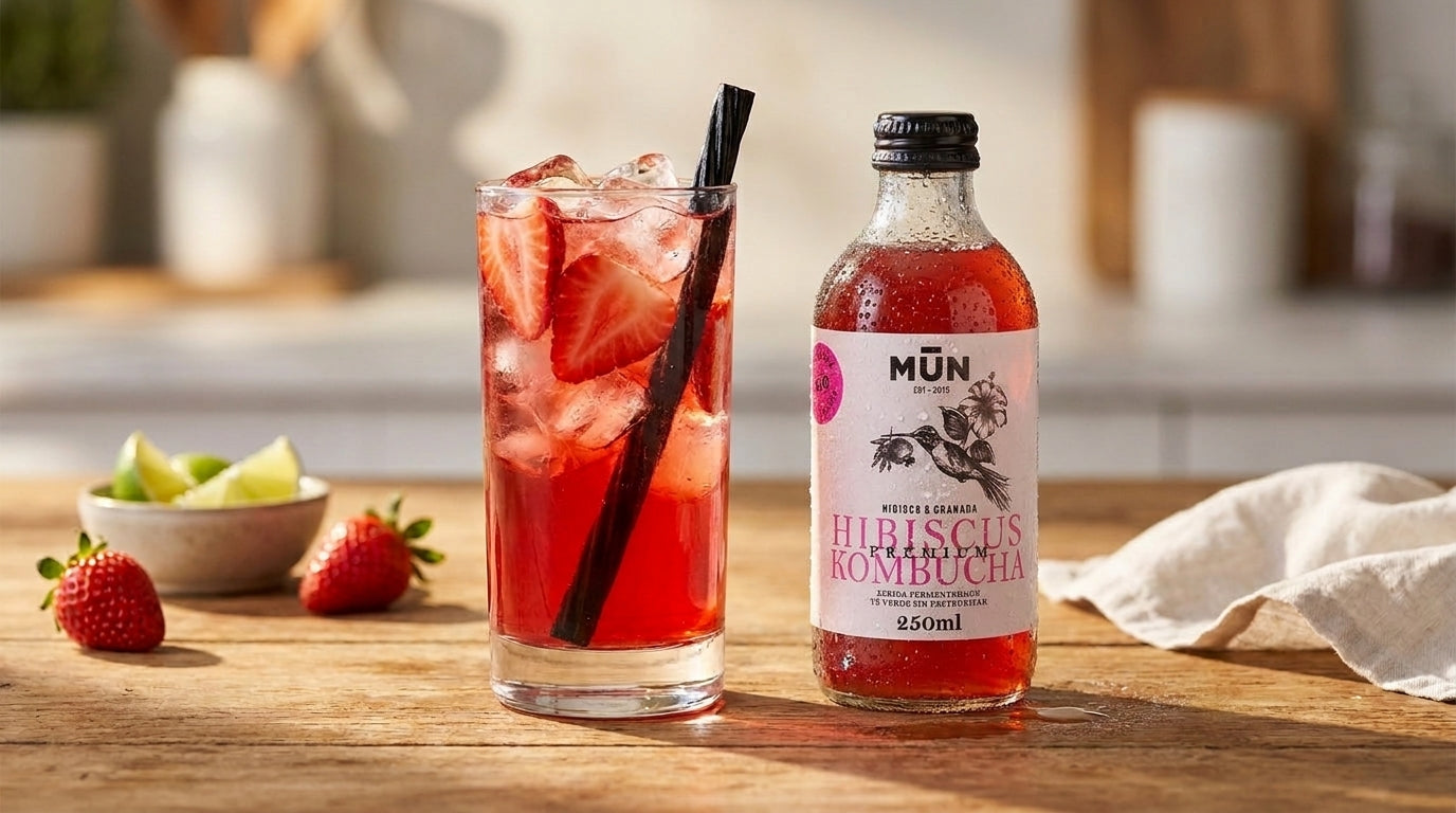 Receta mocktail-hibiscus-kombucha-fresas-y-regaliz con Mūn Hibiscus Kombucha 250 ml