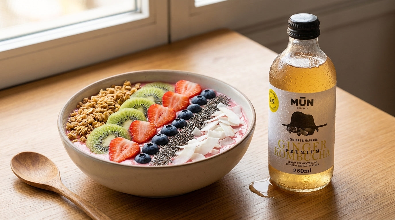 Smoothie bowl tropical con Mūn Ginger Kombucha 250 ml