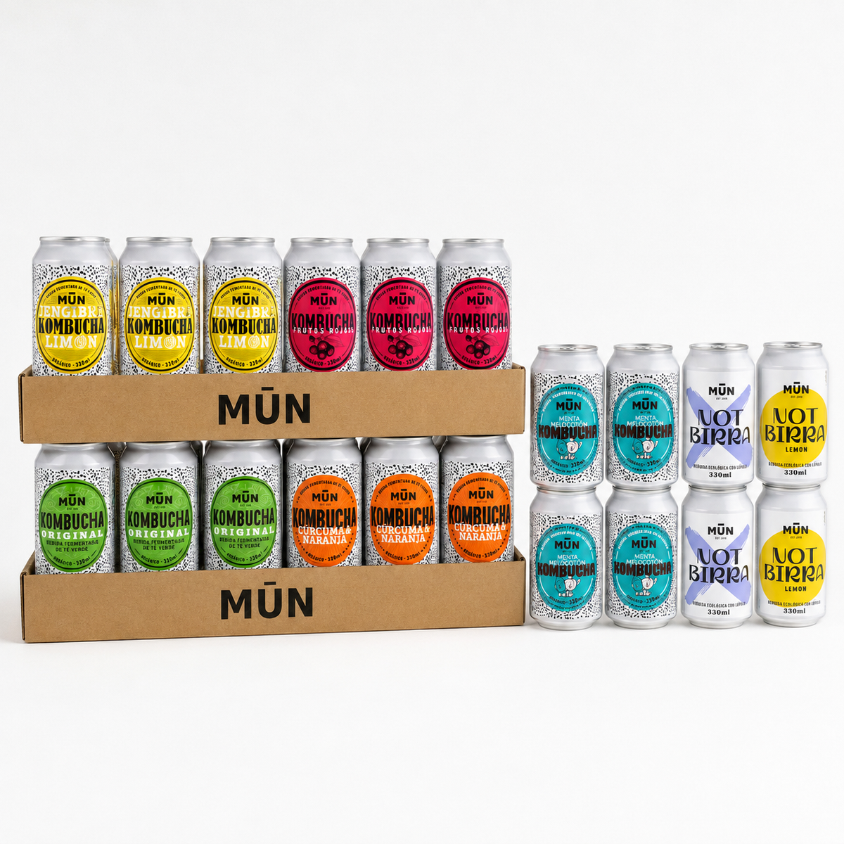 LATASPARAUNMES: las 32 latas de 330 ml de Mūn Kombucha en sus cajas