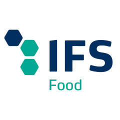 Logotipo del certificado IFS Food, que muestra las letras "IFS" en azul oscuro y la palabra "Food" en verde azulado debajo. Estándar de calidad alimentaria relevante para la producción de kombucha segura y de alta calidad.