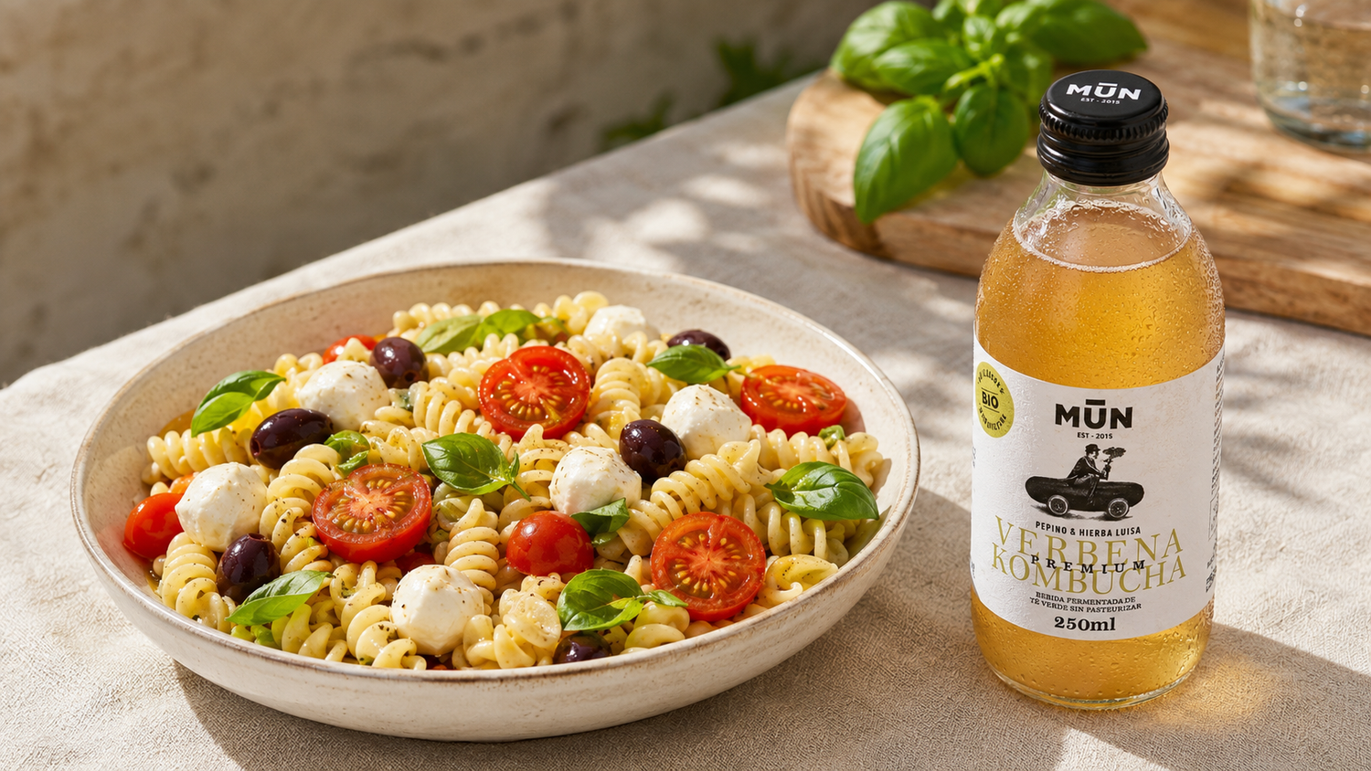 Pasta fría con vinagreta probiótica de Verbena Kombucha