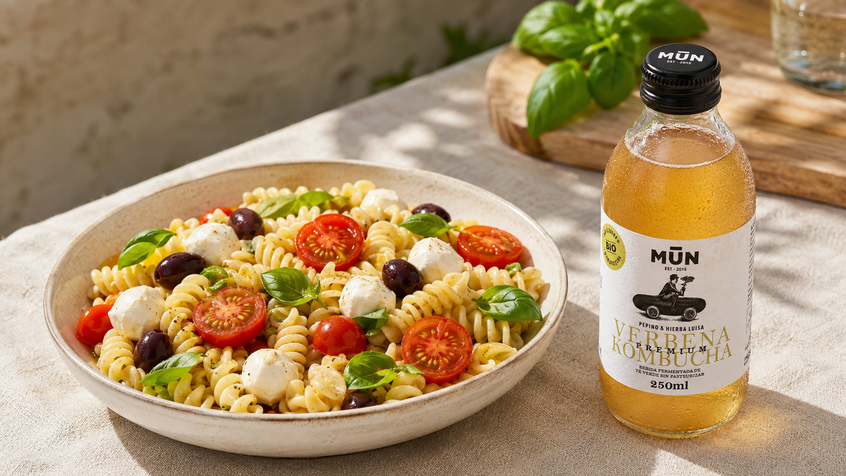 Pasta fría con vinagreta probiótica de Verbena Kombucha