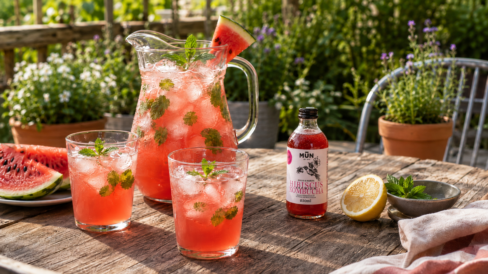 Limonada de sandía con Mūn Hibiscus Kombucha