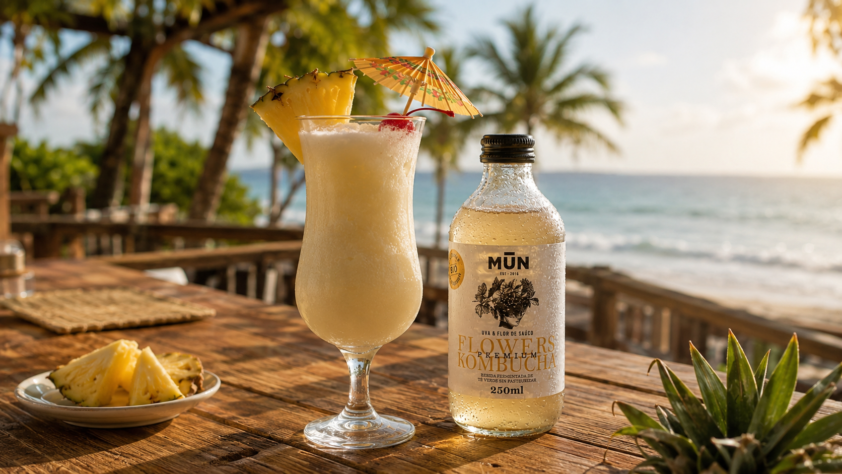Piña colada sin alcohol: tropical con Mūn Flowers Kombucha