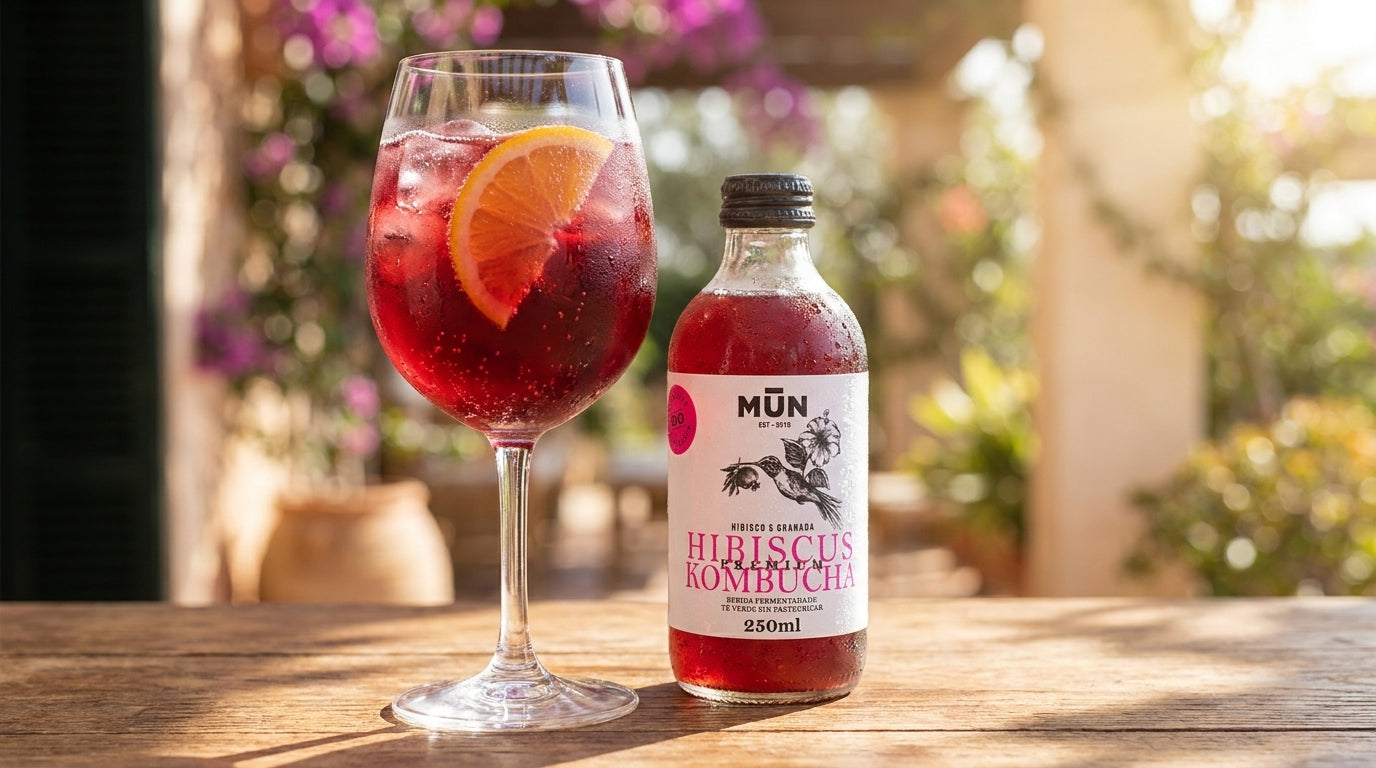 Tinto de verano sin alcohol con Hibiscus Mūn Kombucha, naranja y hielo