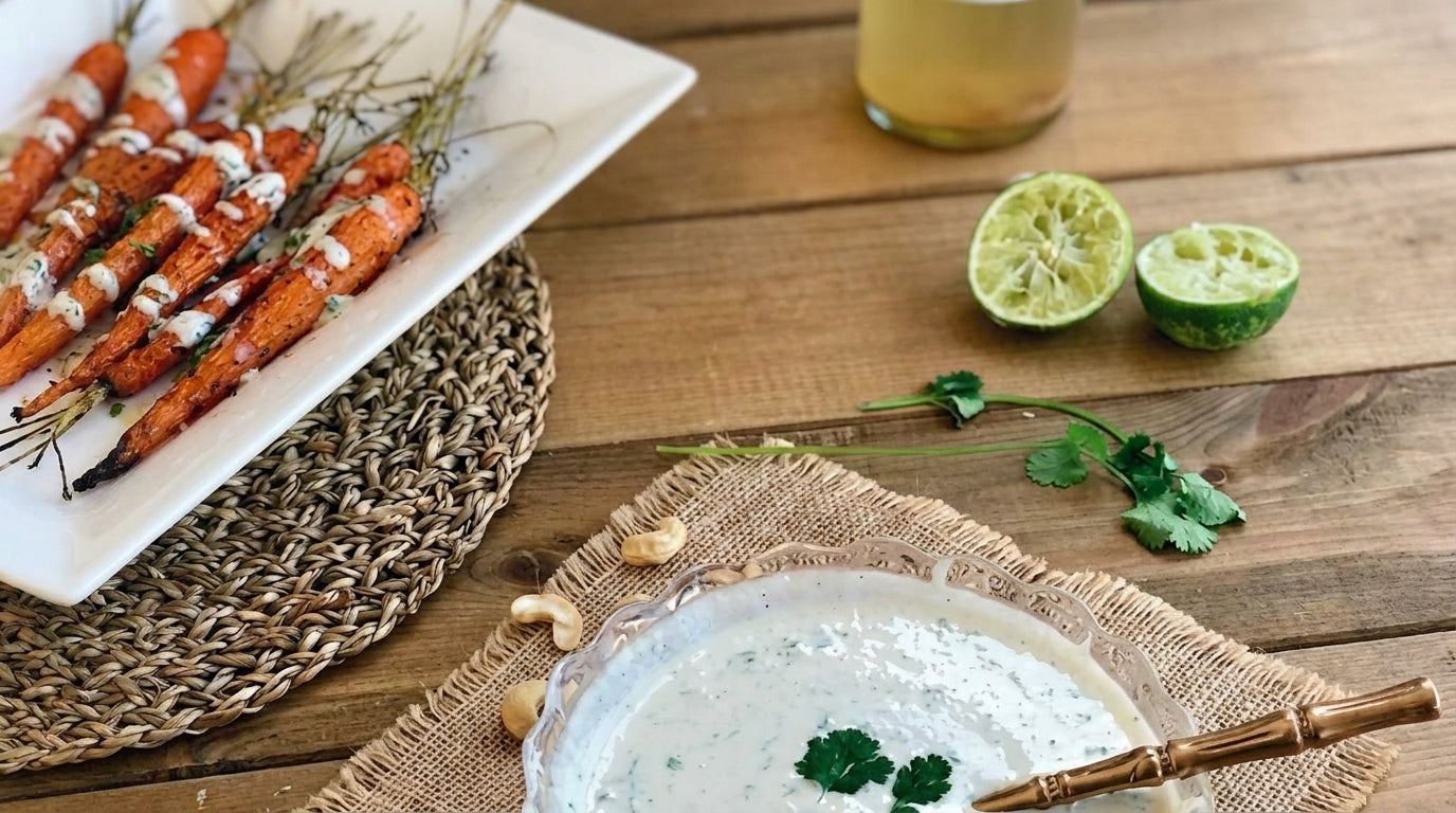 Receta zanahorias-asadas-salsa-coco-probiotica con Mūn Kombucha