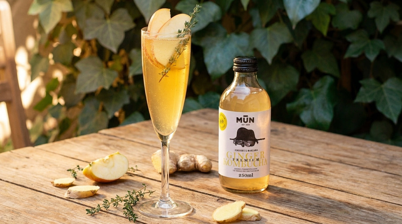 Receta sidra-sin-alcohol-burbuja-mun-manzana-jengibre con Mūn Ginger Kombucha 250 ml