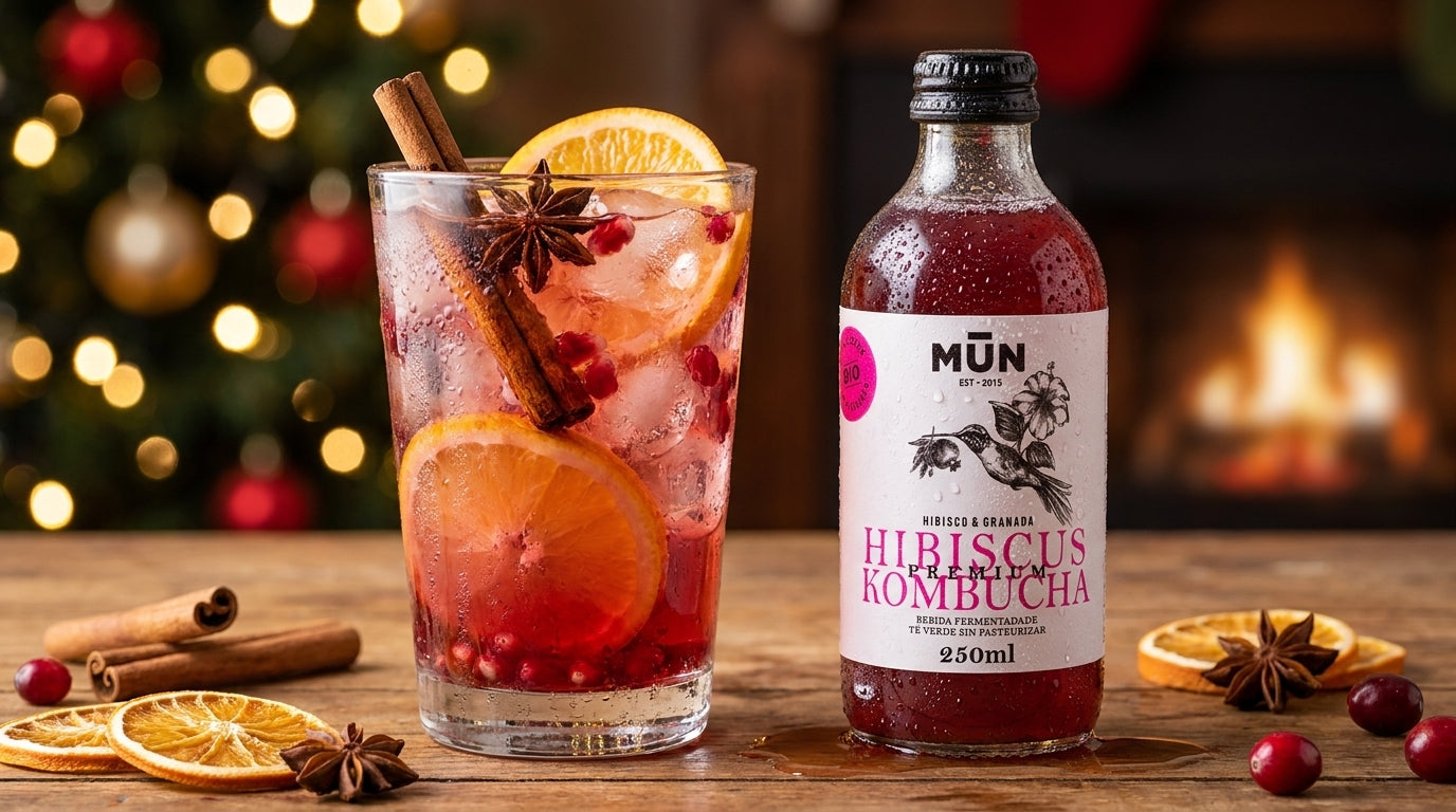 Receta ponche-sin-alcohol-hibiscus-kombucha con Mūn Hibiscus Kombucha 250 ml