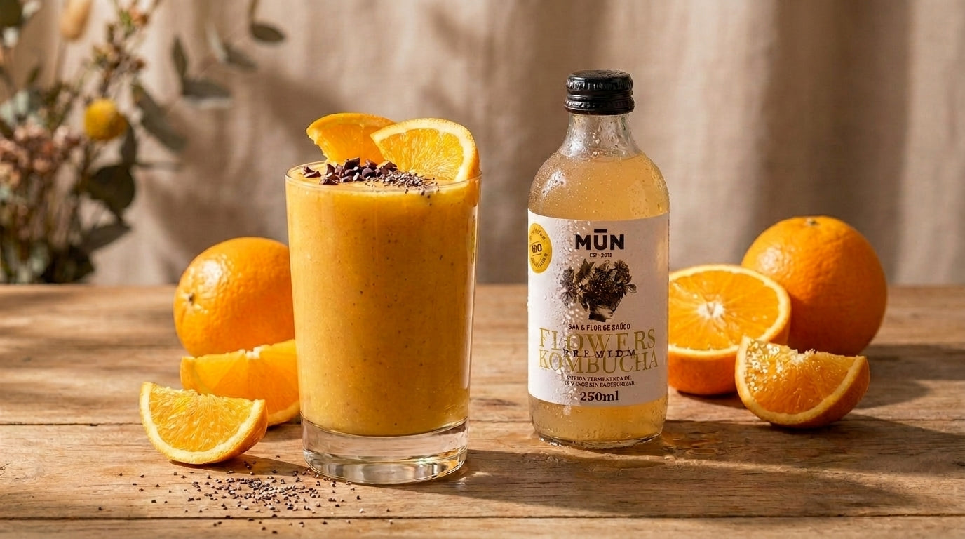 Receta batido-de-naranja-flowers-kombucha con Mūn Flowers Kombucha 250 ml
