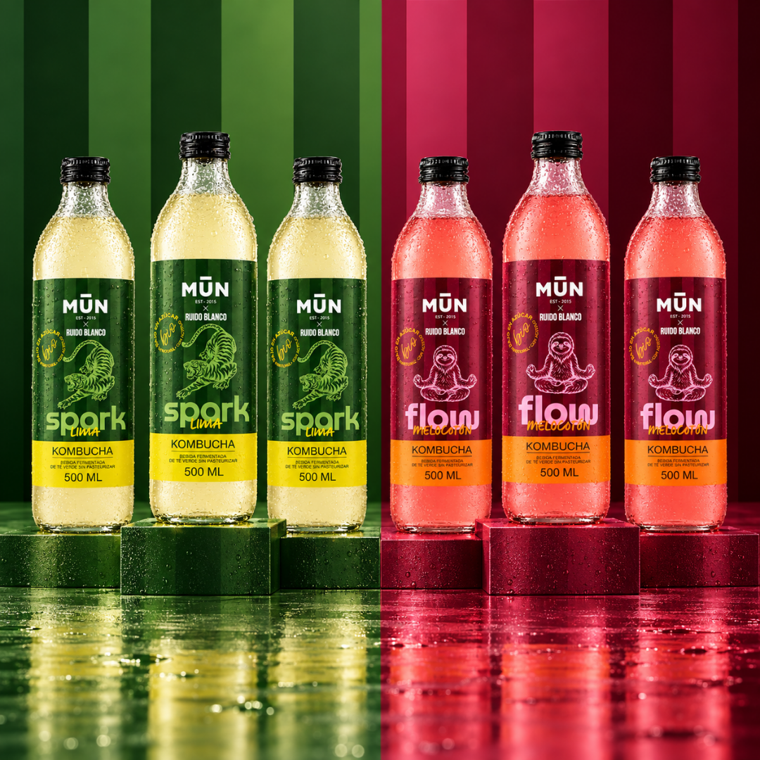 Pack Reset SPARK & FLOW: una caja de cada, 12 botellas de kombucha Mūn x Ruido Blanco de 500 ml