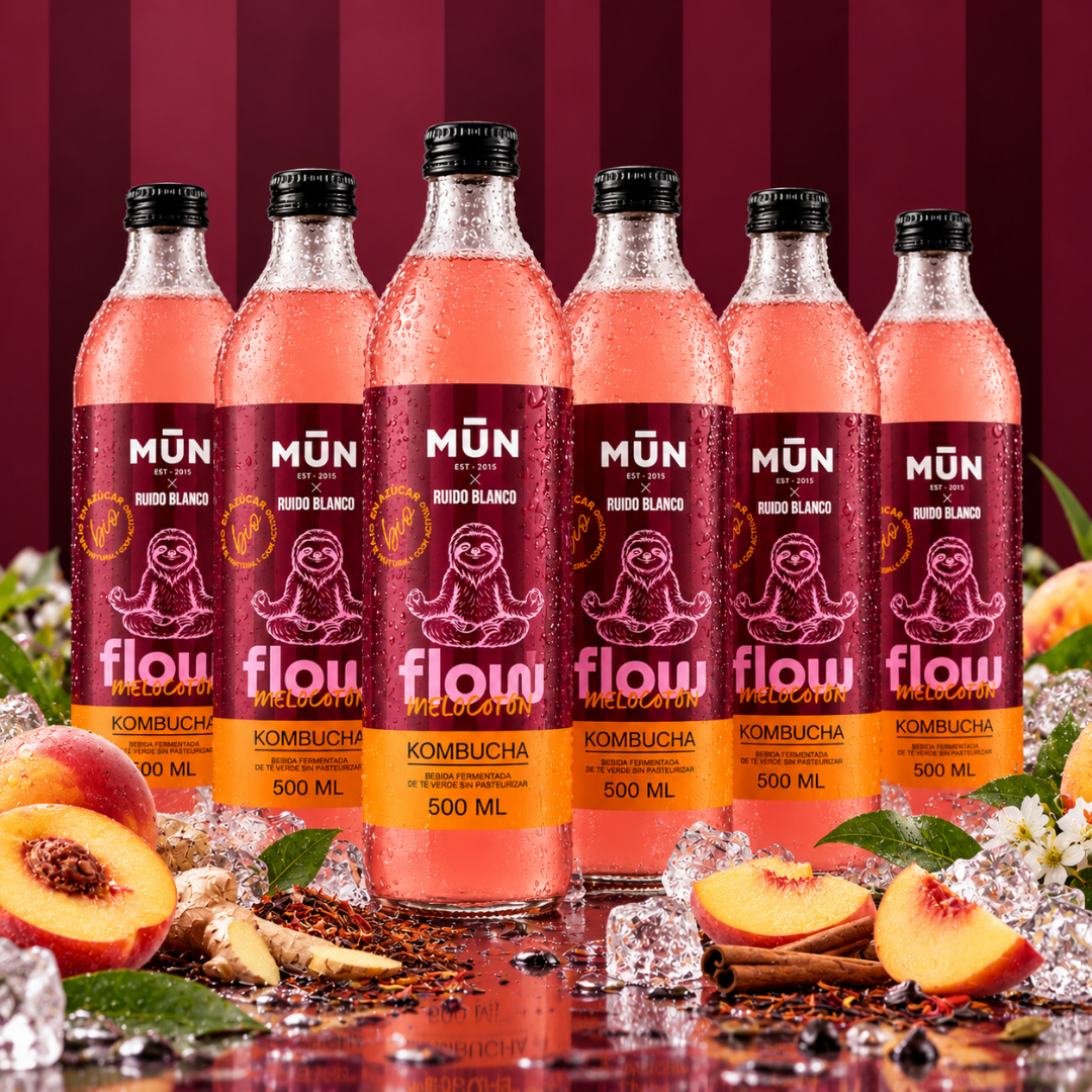 Pack Reset FLOW: dos cajas de 6 botellas de kombucha Mūn x Ruido Blanco melocotón de 500 ml