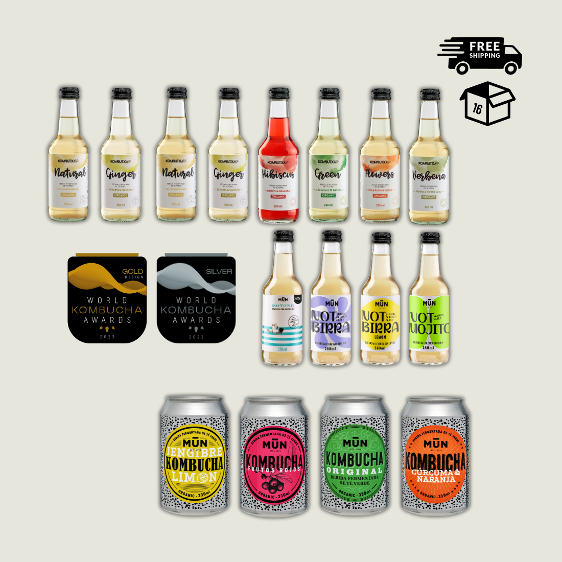 MIX COMBO 12 botellas de 250 y 4 latas de 330 ml, 14 sabores - MUN KOMBUCHA